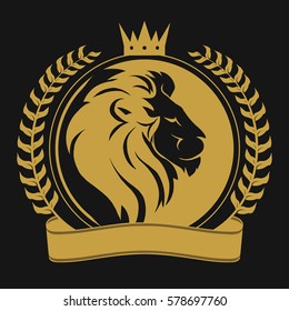 Lion head with crown, laurel wreath and ribbon, logo royal cat profile. Golden luxury emblem. Vector