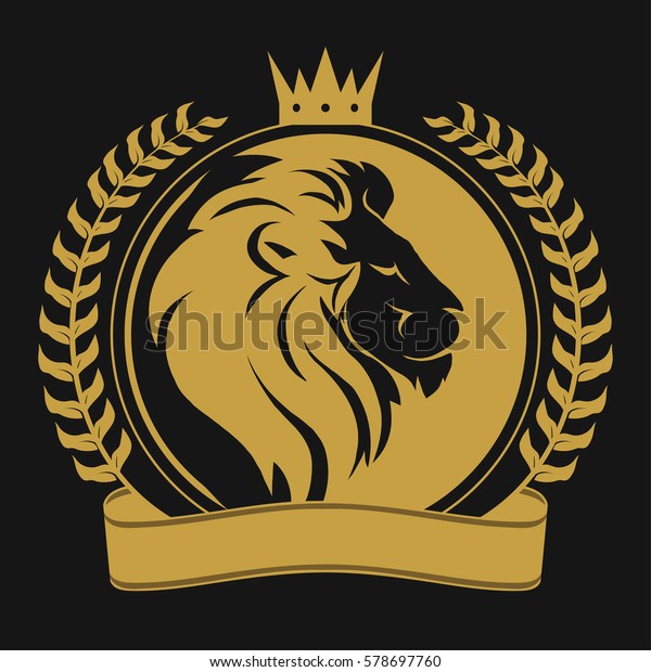 ライオンの頭と冠 月桂冠 リボン ロゴロイヤルキャットプロファイル 金色の高級エンブレム ベクター画像 のベクター画像素材 ロイヤリティフリー