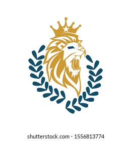 Lion Head Crown Leaf Logo Design Symbol Illustration Isolated