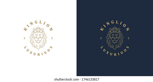 Lion head with crown line symbol vector logo emblem design template illustration simple linear style. Outline graphics for business branding and royal company.