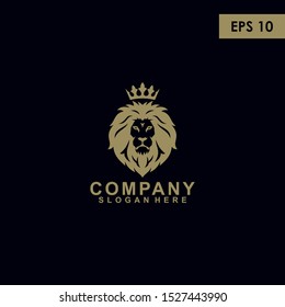 Lion Head With Crown Logo Design Vector Template With Luxury Gold Colour