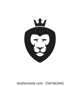 Lion head with crown. Logo. Isolated lion on white background. Safari park. Wild animal