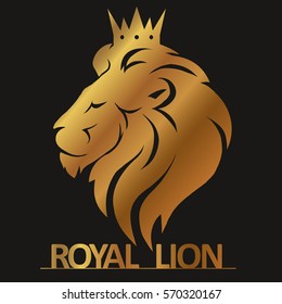 Lion head with crown logo, royal cat profile. Golden luxury emblem. Vector