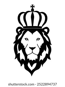 Lion head with crown logo. Wildlife face icon. Lion king heraldry and royal symbol. Vector illustration image.
