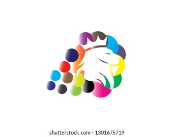 Lion head with a crown in multicolor bubbles for logo design