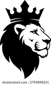 Lion head with crown profile vector graphic, the design features a majestic lion with a detailed mane