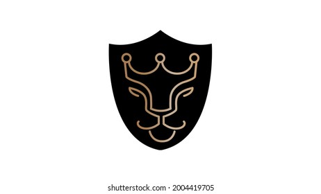 Lion head with crown and shield logo design template elements.
