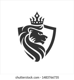 Lion Head and crown shield. Vector Icon and Logo.