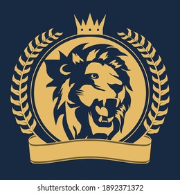 Lion head with crown sign, royal cat profile icon. Vector