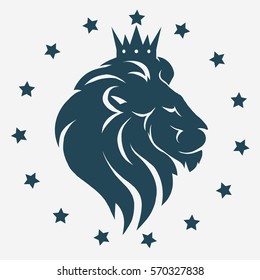 Lion head with crown and stars logo, royal cat profile emblem. Vector