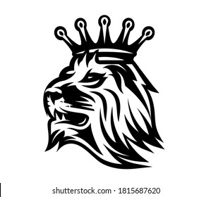 Lion head with crown. Vector monochrome illustration. Template for design.