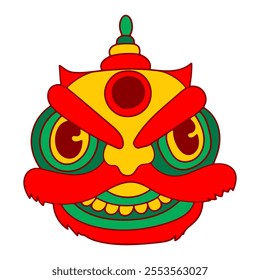 Lion head dance icon. Traditional Chinese Lunar New Year celebration. Simple flat element, doodle contour style, vibrant colors. Web, digital design, print, papers, coloring pages, invitations, cards