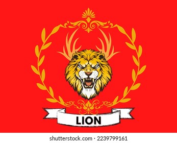 Lion head with deer antlers on its head. Image of a lion on a red background and a picture of wheat on the side. 