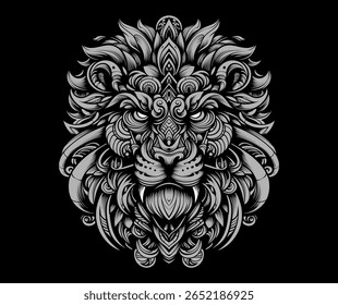 Lion head design in black and white with intricate patterns, perfect for tattoos, posters, and bold graphic art.