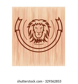 Lion head and design element in vintage style on wood background for Logo, Label, Badge and other design. Retro vector illustration.