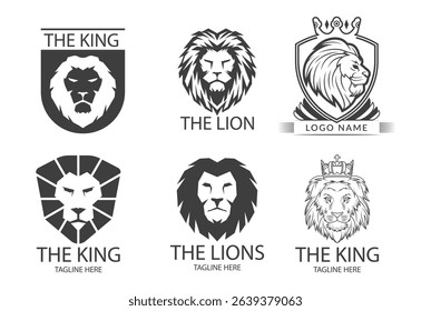 lion head design logo vector. Lion head shield logo icon. Royal gold crown badge symbol.