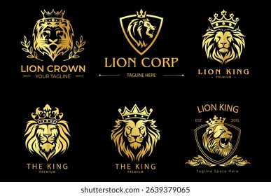 lion head design logo vector. Lion head shield logo icon. Royal gold crown badge symbol.
