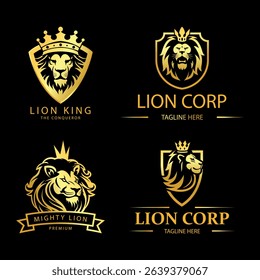 lion head design logo vector. Lion head shield logo icon. Royal gold crown badge symbol.