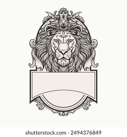 Lion head emblem with heraldic frame