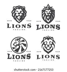 Conjunto de logotipo del emblema de la cabeza de león. Silueta de cabeza de león o colección de arte de línea. Ilustración del vector