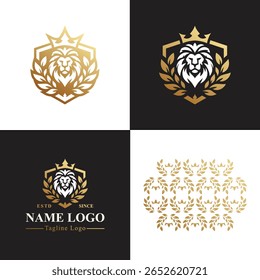 Lion Head Emblem in Shield with Laurel and Crown - Elegant Gold Silhouette Logo Set