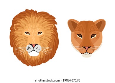 Lion head emblems. Cartoon front face of aggressive beasts with redhead fur, symbol of hunting trophy, vector illustration of wild cats isolated on white background