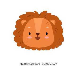 Lion head emoticon. Vector isolated cute big cat character icon. King of jungle with smiling expression. Funny wild animal emoji. Safari personage mascot or sticker with blush on cheeks