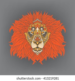 Lion head with ethnic patterns. Lion head with ethnic patterns. Colorful patterned lion in plain turquoise background. Lion with a fiery mane.