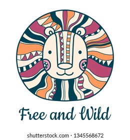 lion head with ethnic patterns, Doodle style, vector illustration isolated on white background, design for mug or t-shirt