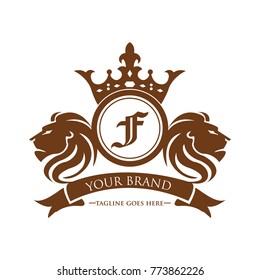 lion head F logotype with crown vector - gold color