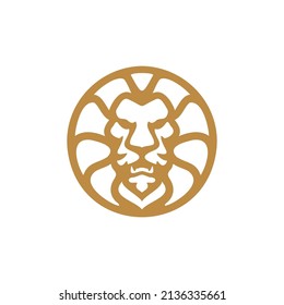 Lion Head Face Hair Mane And Circle Crest Heraldry Logo Design, Lion Head Outline Line Art Linear Vector Icon