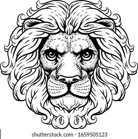 A lion head or face looking very fierce, regal and noble in a retro vintage woodcut style. 