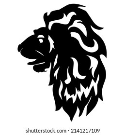 Lion head and face, predator, wild animal, wildlife, emblem, heraldic symbol, design, vector, illustration in black and white color, isolated on white background