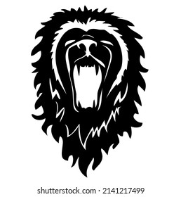 Lion head and face, predator, wild animal, wildlife, emblem, heraldic symbol, design, vector, illustration in black and white color, isolated on white background