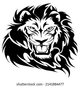 Lion head and face, predator, wild animal, wildlife, emblem, design, vector, illustration in black and white color, isolated on white background