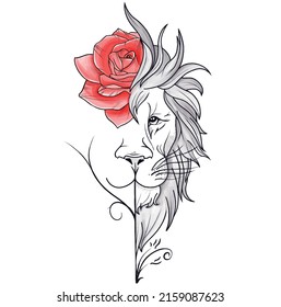 Lion head face and Red Rose floral tattoo art illustration Black white minimal portrait 