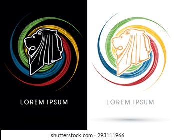 Lion Head, Face, side view, on spin circle background, logo, symbol, icon, graphic, vector .