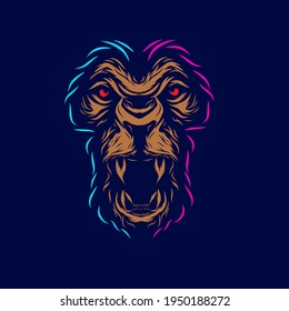 Lion head face vector silhouette line pop art potrait logo colorful design with dark background. Abstract vector illustration. Isolated black background for t-shirt, poster, clothing.