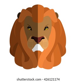 Lion Head flat style. Large fluffy mane. Ferocious predator. Wild cruel animal savanna. Strong Serious beast
