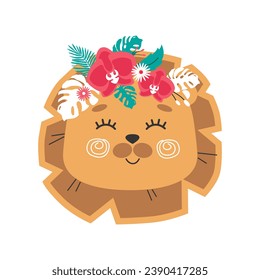 Lion head with flower crown. Cute Vector illustration for children design, poster, birthday greeting cards.