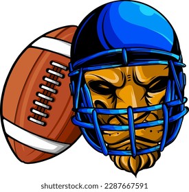 lion head with football helmet and ball vector illustration on white background