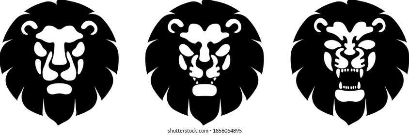 Ilustración de icono de la plantilla de diseño de vectores de logotipo en blanco y negro de la vista frontal de la cabeza de león. RGB. Color global