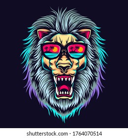 Lion Head With Glasses In Beach Vector Illustration