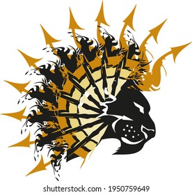 Cabeza de león con elementos de flechas doradas sobre el blanco. Símbolo de león para gráficos de vehículos, logos, tatuajes, emblemas deportivos, impresiones en camisetas, bordados, grabado, textiles, estibadores, iconos de la web, etc.