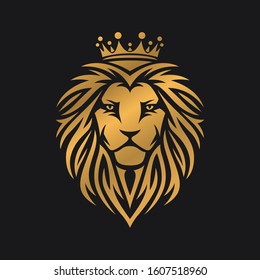 Lion head golden logo template. Fashionable trendy animal design element for t-shirt prints posters decoration. Vector vintage illustration.