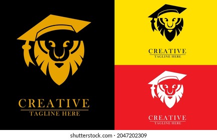 lion head in graduation cap, great for education icon logo. executive elegant, t-shirt, aparrel, power, beast. vector concept flat abstract design.