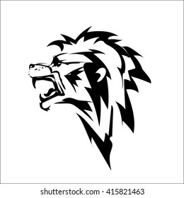 lion head, grinning lion growls, a stylized drawing of a black and white vector