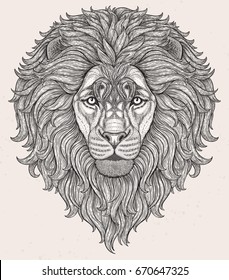 Lion head hand drawn in lines isolated on white background. Decorative doodle vector illustration. Perfect for postcard, poster, print, greeting card, t-shirt, phone case design