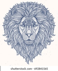 Lion head hand drawn in lines isolated on white background. Decorative doodle vector illustration. Perfect for postcard, poster, print, greeting card, t-shirt, phone case design