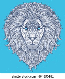 Lion head hand drawn in lines. Decorative doodle vector illustration. Perfect for postcard, poster, print, greeting card, t-shirt, phone case design